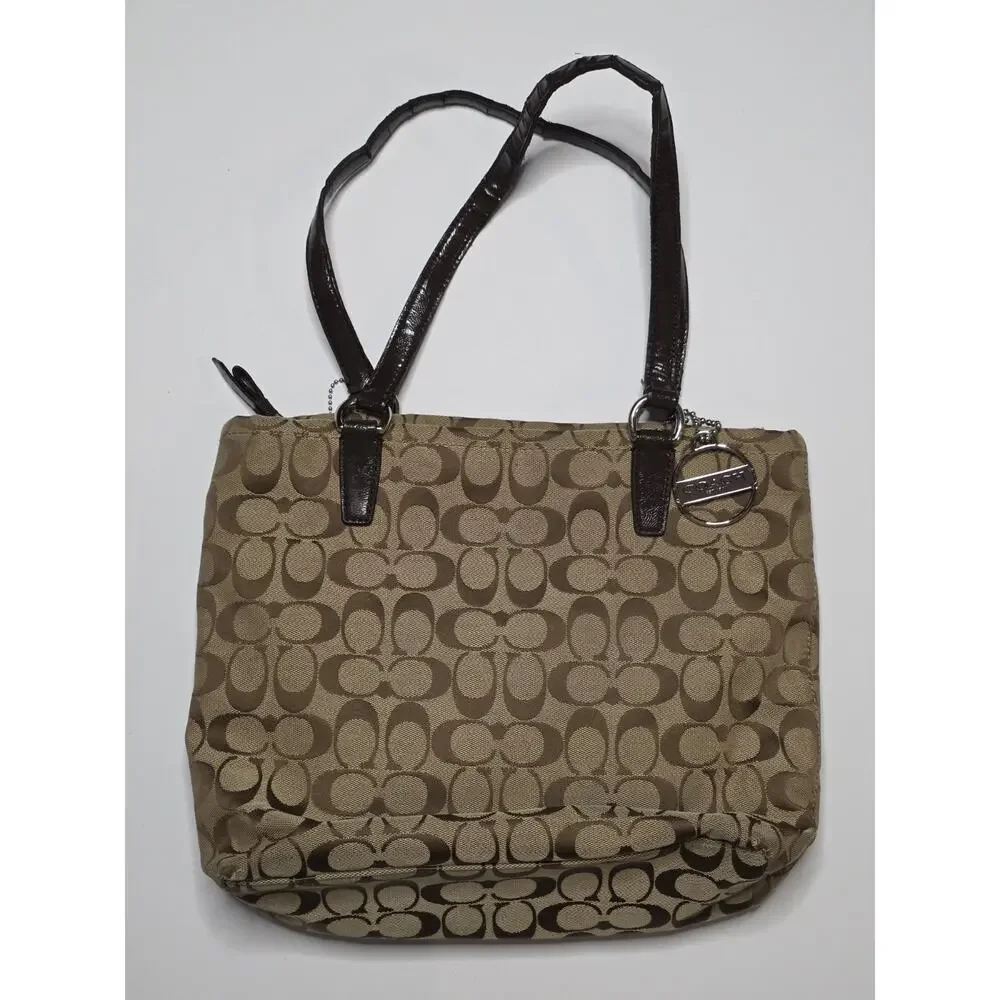 Coach Brown Signature Stripe Tote Brown Patent Leather Trim F28504 Shoulder Bag*